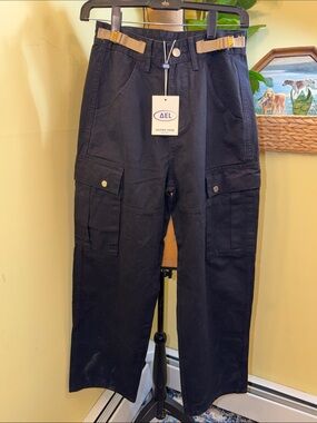 Aelfric Eden Black Straight-Leg Cargo Pants with Tan Web Belt NEW NWT